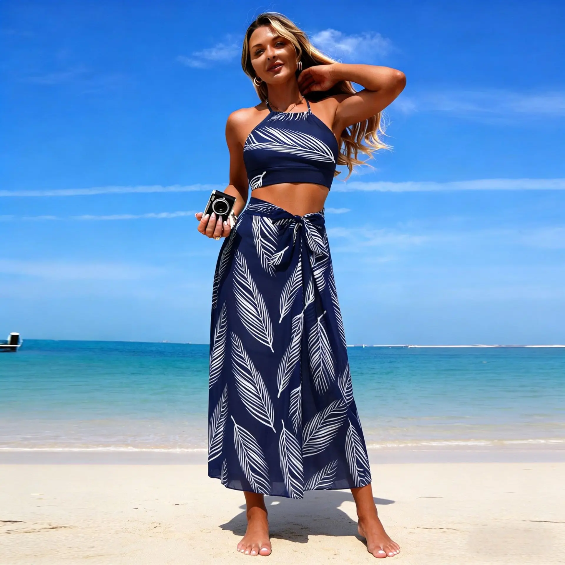 

Ультрастойкий купальник-бикини с регулируемыми завязками спереди, с оборками и юбкой, женственный, коллекция Resort, с накидкой