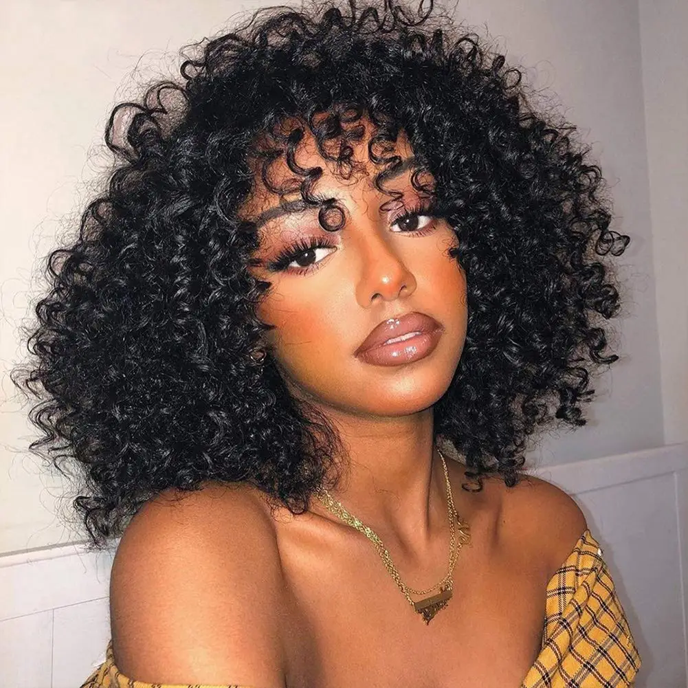 Water Wave Bob Wig with Bangs Short Curly Human Hair Perfect For Women and Girls Full Machine Made - Natural Hair Replacement