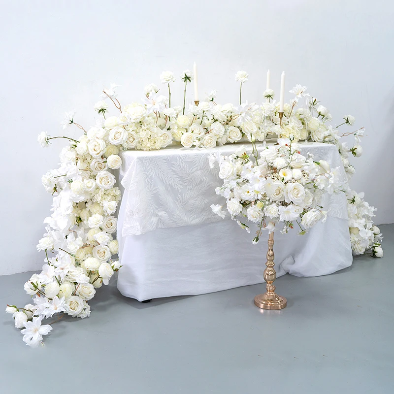 Luxury Wedding White Rose Orchid Flower Row Runner Arrangement Banquet Event Decor Table Flower Ball Party Prop Large Floral