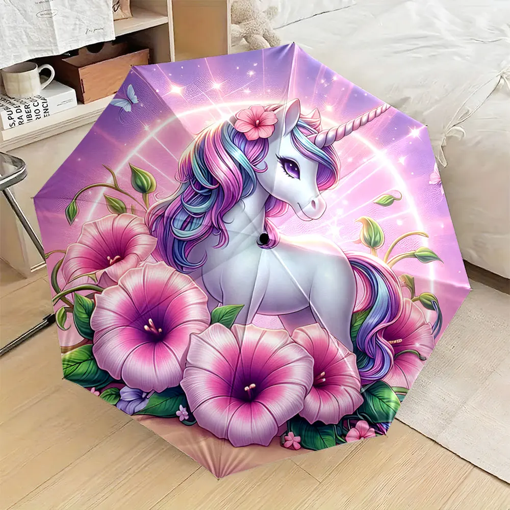 1PC Magical Unicorn Umbrella with Blooming Flowers Print 8 Iron Ribs Folding Umbrella Auto-Open Fashion Sunshade