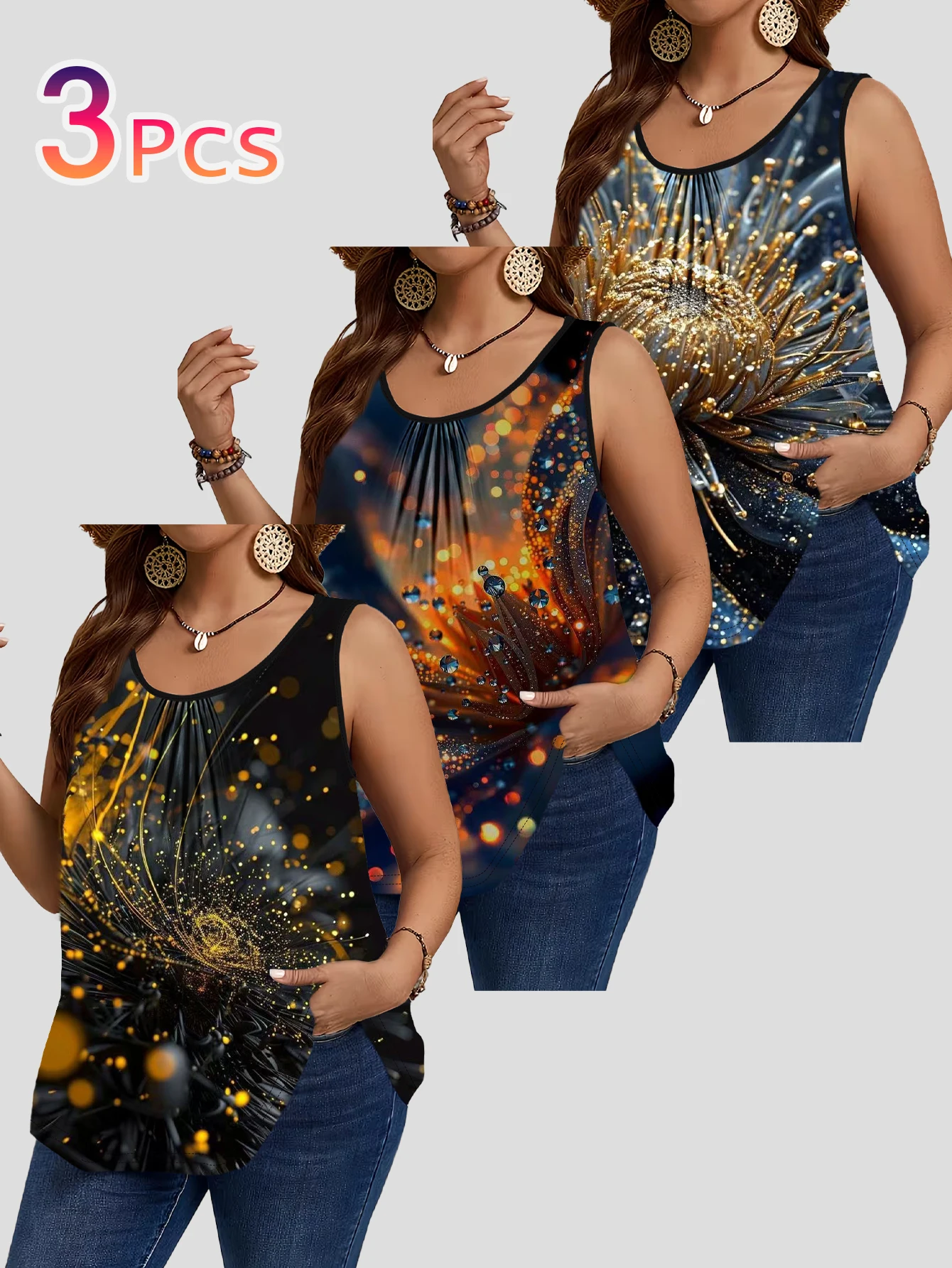 3-Piece Set of Large Size Gilded Floral Print Sleeveless Vests for Women, Black and Gold Glitter Floral Loose Round Neck Tops for Outerwear