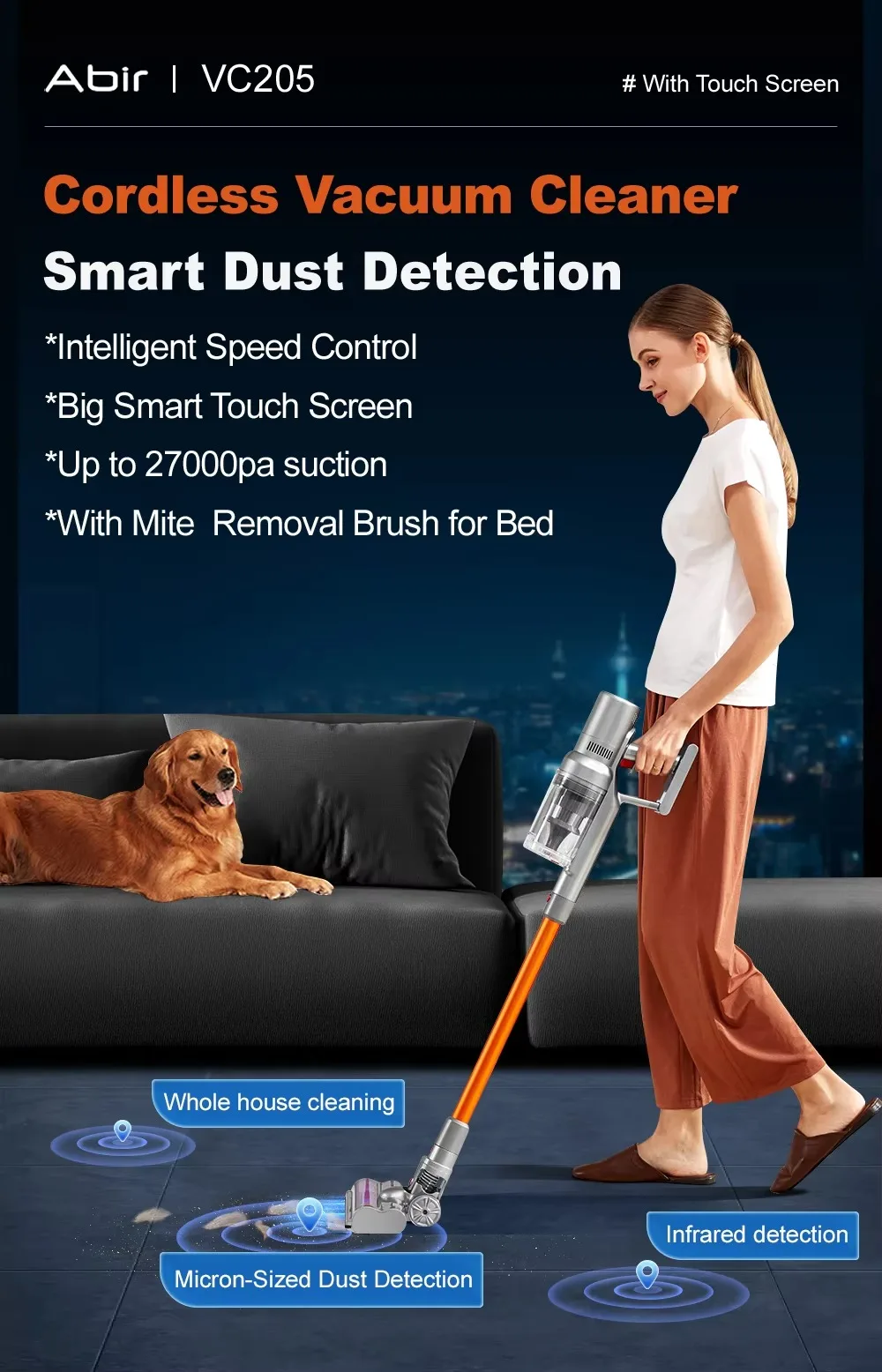 VC205 Cordless Handheld Vacuum Cleaner,25000PA,Touch Screen,Smart Dust Sensor,Auto Speed Control For Home Bed Carpet Clean