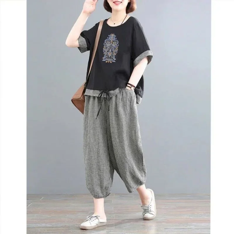 

Fashion Casual Sets Women Summer Trend Thin Loose T Shirt Suits Oversized Cotton Linen Tshirt and Plaid Pants Y2k Two Piece Set