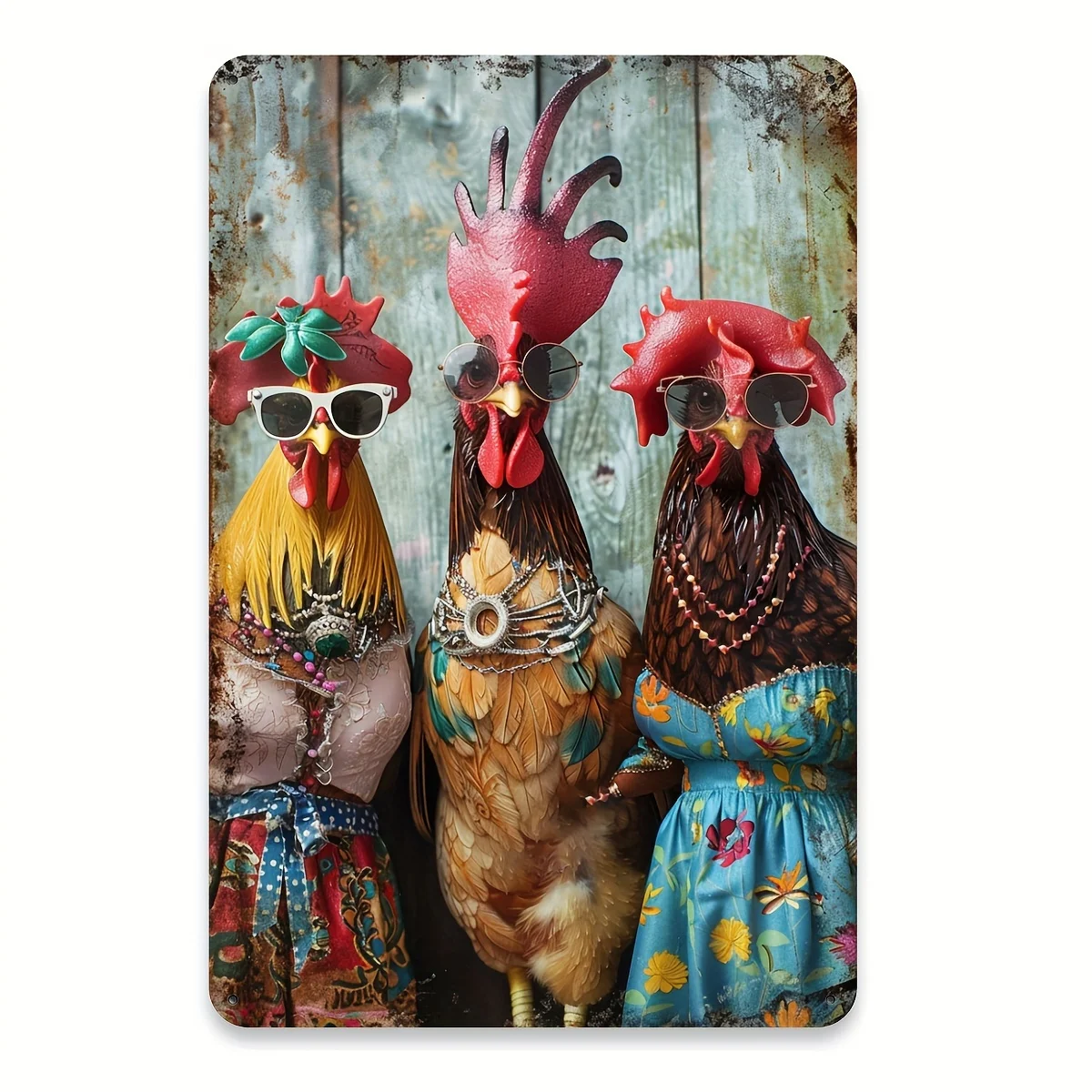 1-Pack Vintage Rooster Tin Sign Wall Decor -  Retro Metal Art with Stylish Fashion Glasses & Floral Dresses, Durable Iron Foil E