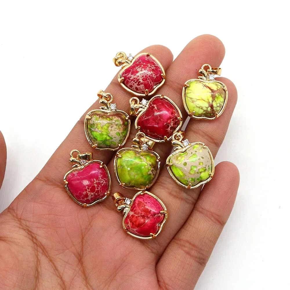 Natural Emperor Stone Polished Pendant Red Green Turquoise Inlay Glass Crystal Edging Gold-Plated Melon Seed Clasp DIY Jewelry