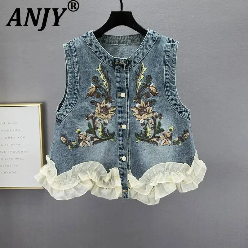 ANJY Spring Autumn New Women European Style Design Embroidered Patchwork Ruffle Fashion Versatile Stylish Denim Waistcoat A24940