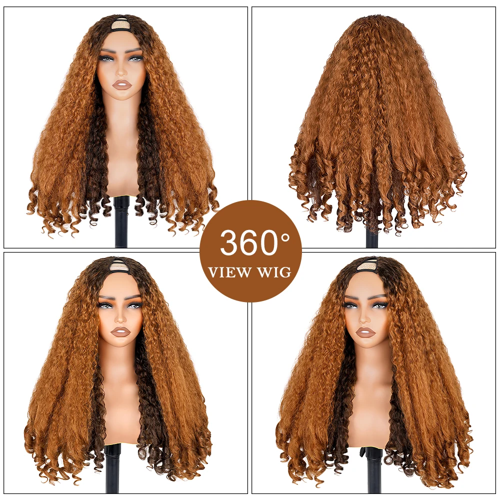 Highlight Ginger Afro Curly V Part Pruiken Voor Vrouwen Synthetische Gember Bruin Kinky Straight Met Krullende Uiteinden Lijmloos Hittebestendig