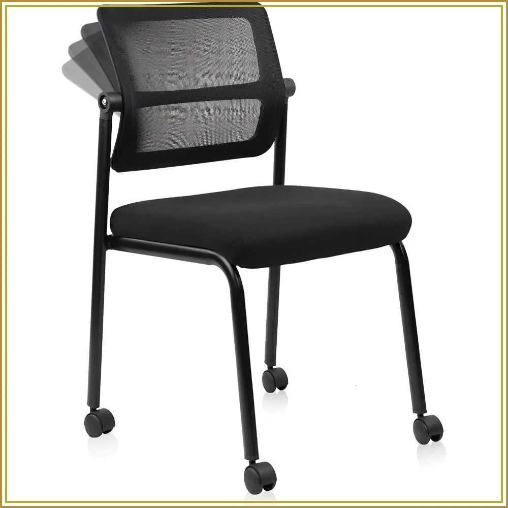 Stacking Armless Office Waiting Chair w/ Wheels, Mesh Guest Reception Chair, Adjustable Backrest, Black