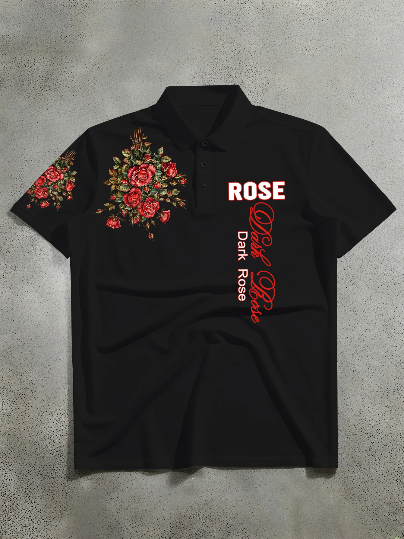 New unisex short sleeved polo shirt with American dark style red rose floral print paired with English text polo