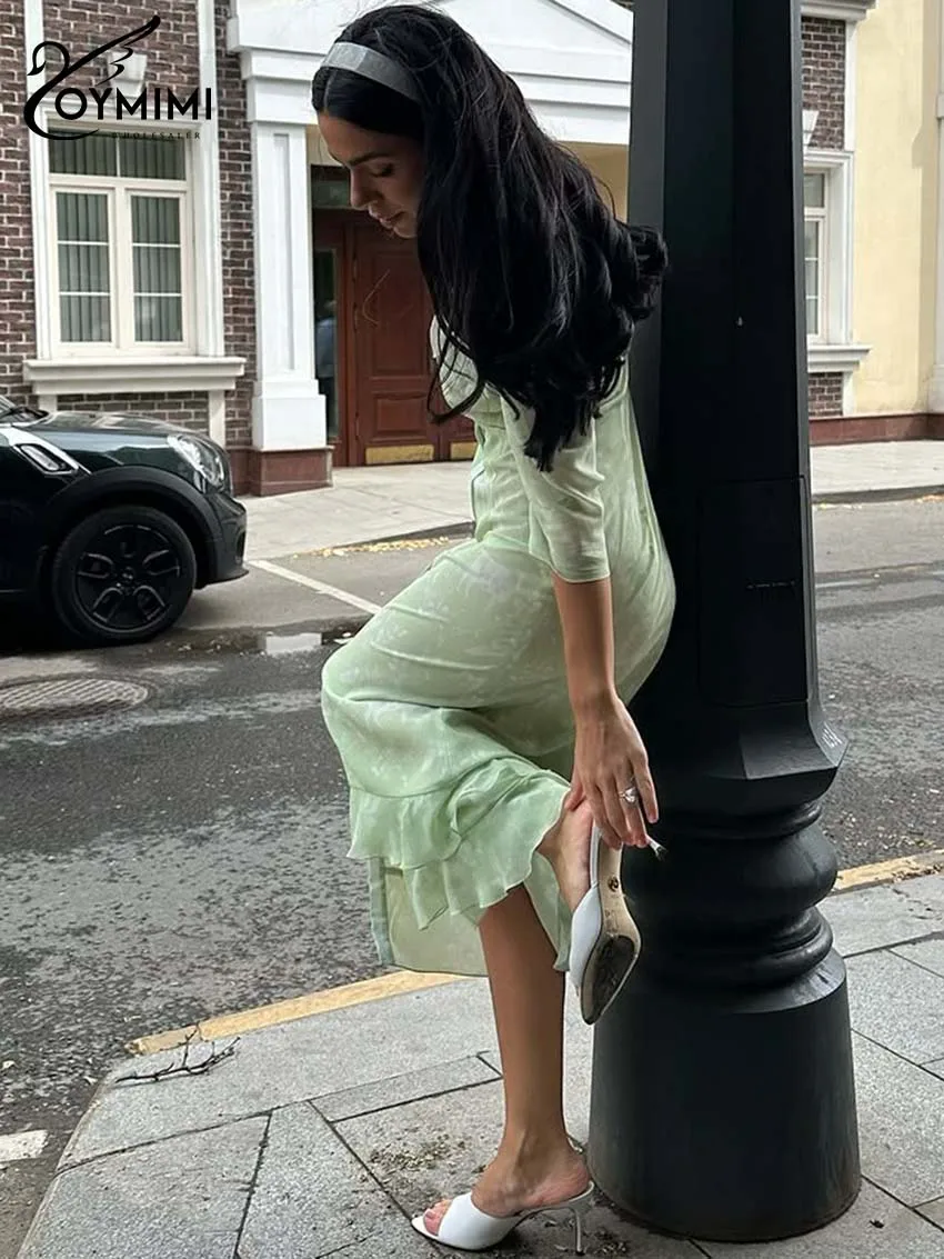 Oymimi moda vestidos estampados verdes 2025 mujer elegante Patchwork vestido de manga tres cuartos otoño vestido con volantes de un solo pecho