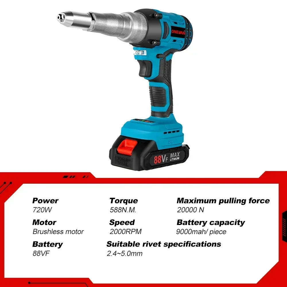 Onevan pistola de rebite elétrica sem escova, 720w, 20000n, sem fio, porca de rebite, display de energia, ferramenta de rebitagem automática para