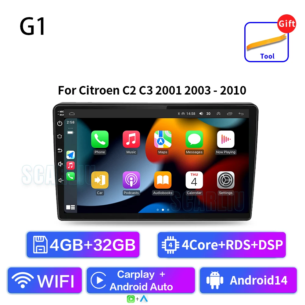 SISCL Android Auto Carplay Voor Citroen C2 C3 2001 2003-2010 Autoradio Multimedia Video Player WiFi GPS Navigatie DSP Stereo