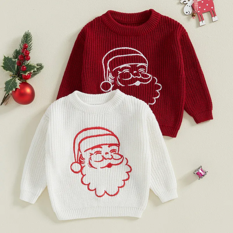 RUEWEY 0 to 3 Years Christmas Toddler Boy Girl Sweater Santa Head Print Pattern Long Sleeve Crew Neck Chunky Knitwear