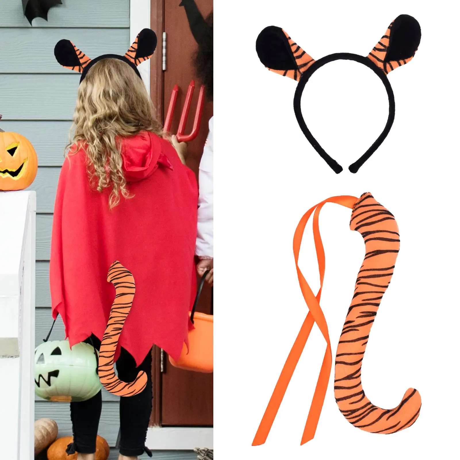 Tiger Ears and Long Tail Set Cow Ear Headband Headwear Funny Gifts Faux Ears Hair Clip for Stage Performance Dance Masquerade