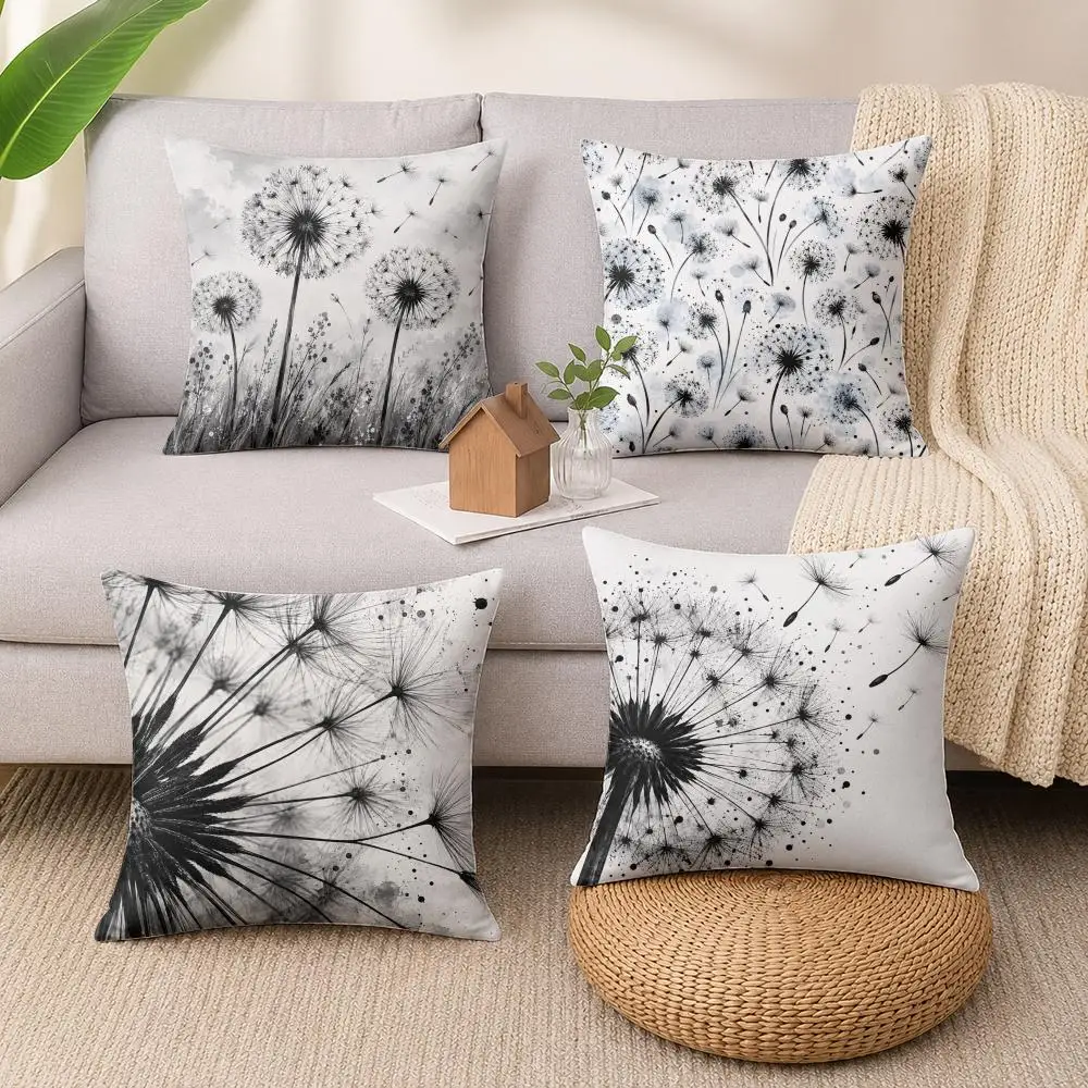 Monochrome Dandelion Art Cushion Cover 1/4Pcs Soft Plush Throw Pillow Cover Double-Sided Print Sofa Living Room Decor