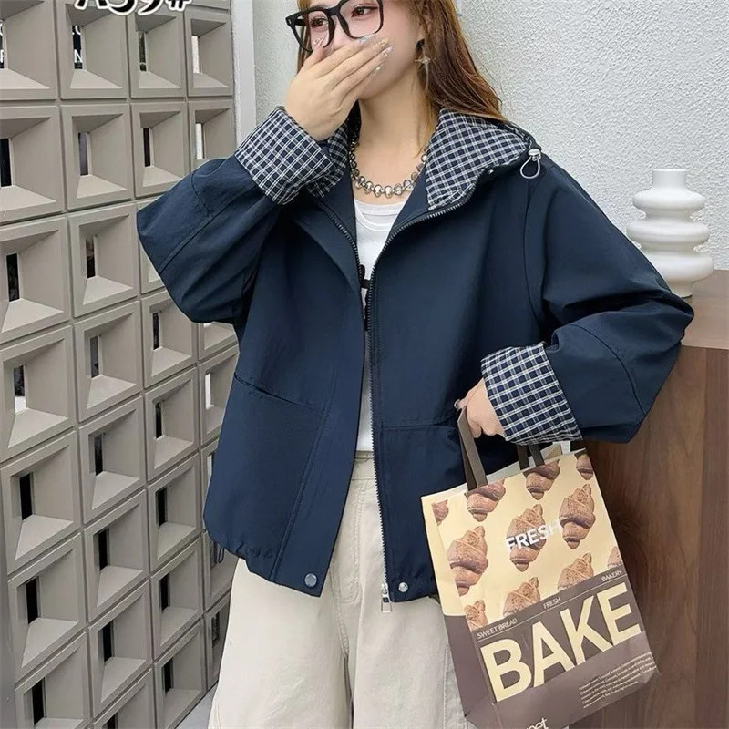 Spring Autumn Jacket Women's 2026 New Color Blocking Checkered Patchwork Fake Two-piece Coat Retro Loose Hooded Top Outerwear