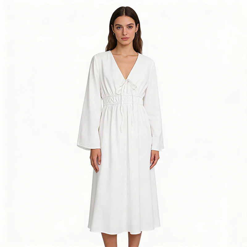 Sukienki damskie z bawełny i lnu, dekolt w serek, rozkloszowane, długi rękaw, luźne, elastyczne, białe, eleganckie, nowość, wiosenne, długa szata, vestid