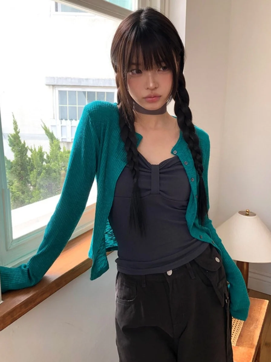 Korean Style Knitted Two-Piece Set with Long Sleeve Wrap Cardigan And Strap Top Slimming Pleated Sun Protection for Women