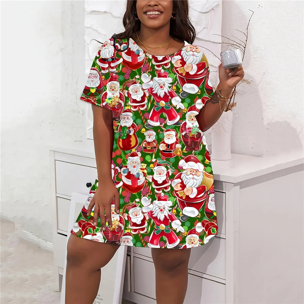 Robe de soirée à motif de père Noël de dessin animé de Noël pour femmes, mini robes à manches courtes, mode pull, robes imprimées en 3D, grande taille