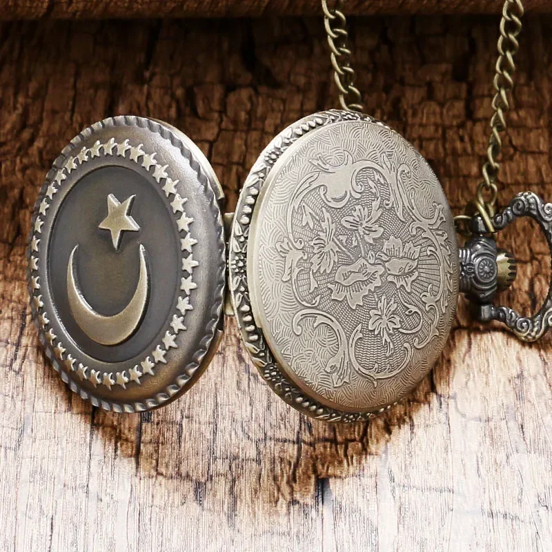 Bronze Engraved Moon Star Turkey Flag Design Men Women Quartz Analog Pocket Watch with Sweater Chain Full Hunter Clock Gift