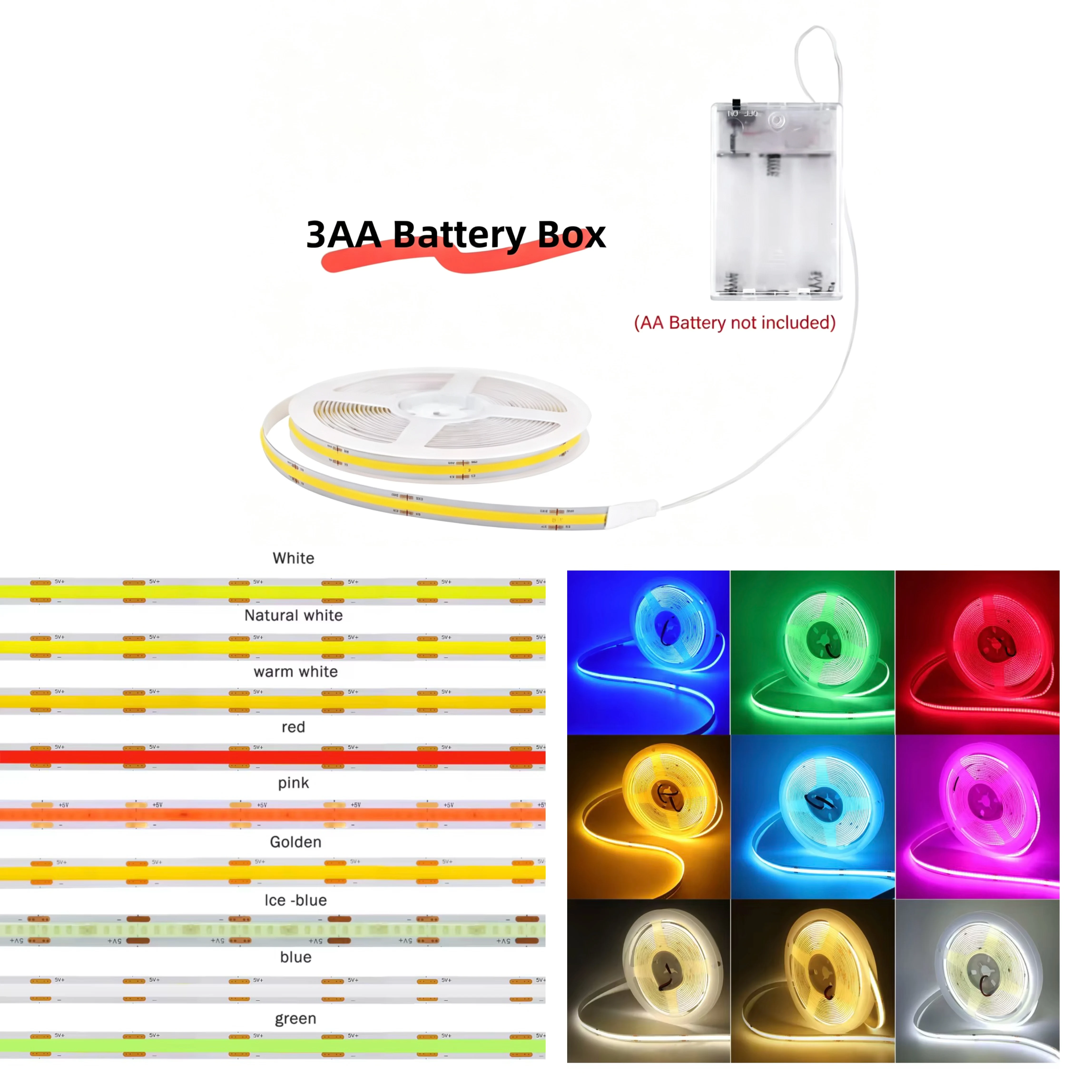3 Aa Battery-Powered Cob Light Strips, Cob Light Strips in 9 Colors Such as Pink/Purple/Blue, Battery Box Powered (Batteries Not Included), 5V Brightness, No Light Spots, Led Light Strips Suitable for Display Cabinets, Shelves, Cabinets, Atmosphere Decoration, Led Light Strips for House, Bedroom, Bedside Decoration