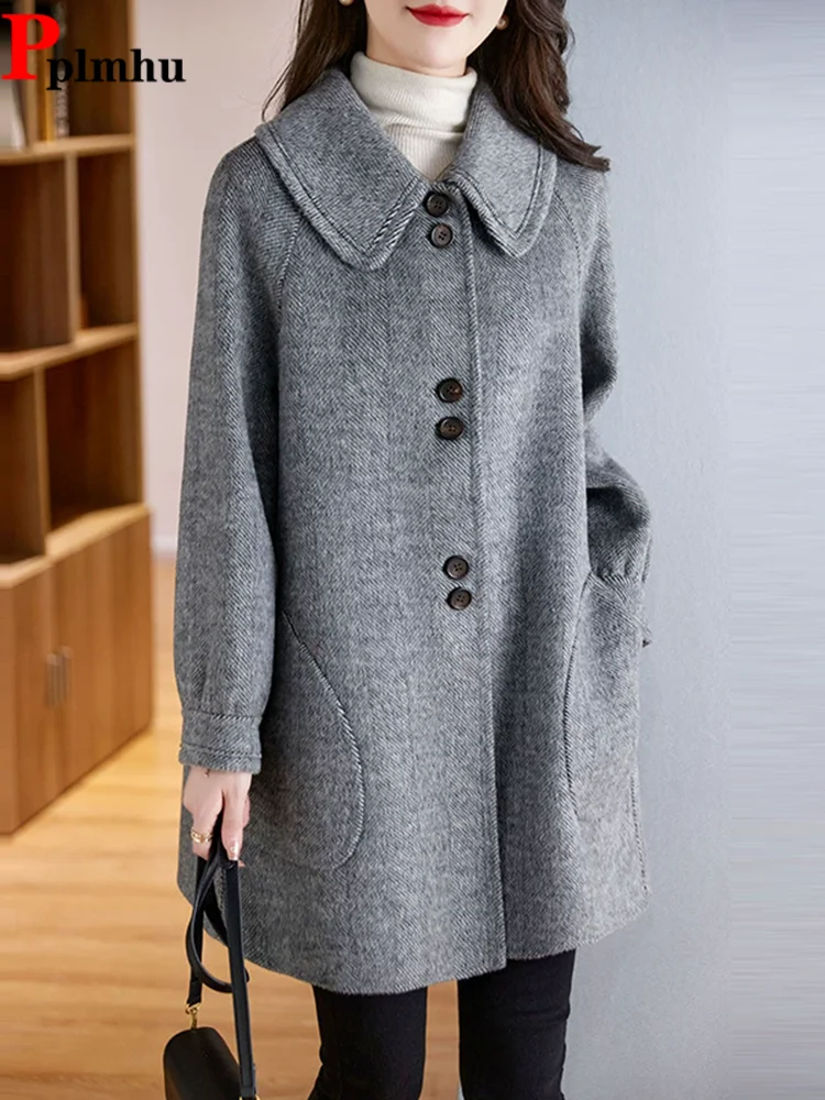 

Lapel Fashion Warm Woolen Overcoat Women's Casual Baggy Single Breasted Abrigos Loose Korean Thick Straight Chaquetas Casaco