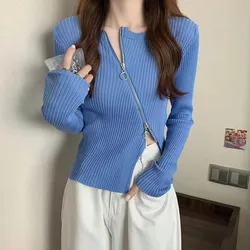 Women Clothing Chic Irregular Long Sleeve Knit Cardigan Autumn Winter Elegant Fashion Solid Zipper Sweaters Lady Sweet Tops