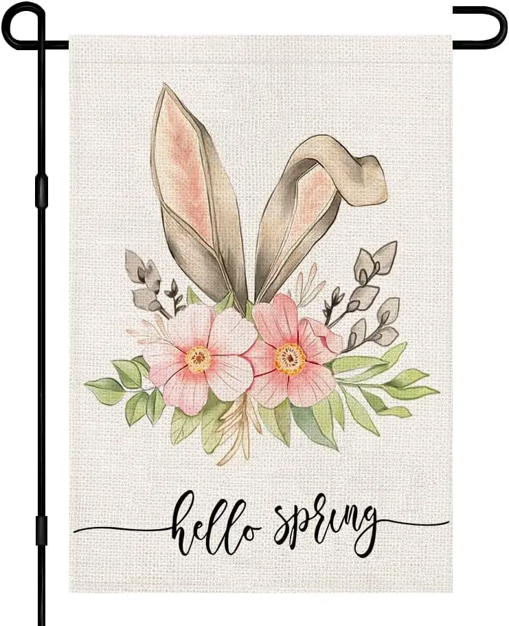 Hello Spring Easter Bunny Floral Garden Flag 12×18 Inch Burlap Double Sided Outside, Seasonal Sign Yard Outdoor Decoration DF249