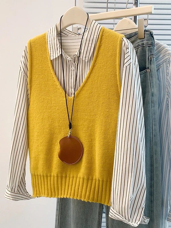 

Fre Yellow V-ne Svel Loose Knitted Vest Women's Autumn New Sle Comfortable Daily Wear Faion Ladies' Waistcoat