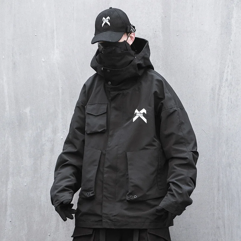 

Techwear Jackets Black Cargo Hooded Windbreaker Coat Mens Loose Turtleneck Functional Leisure Stereo Pocket Outerwear