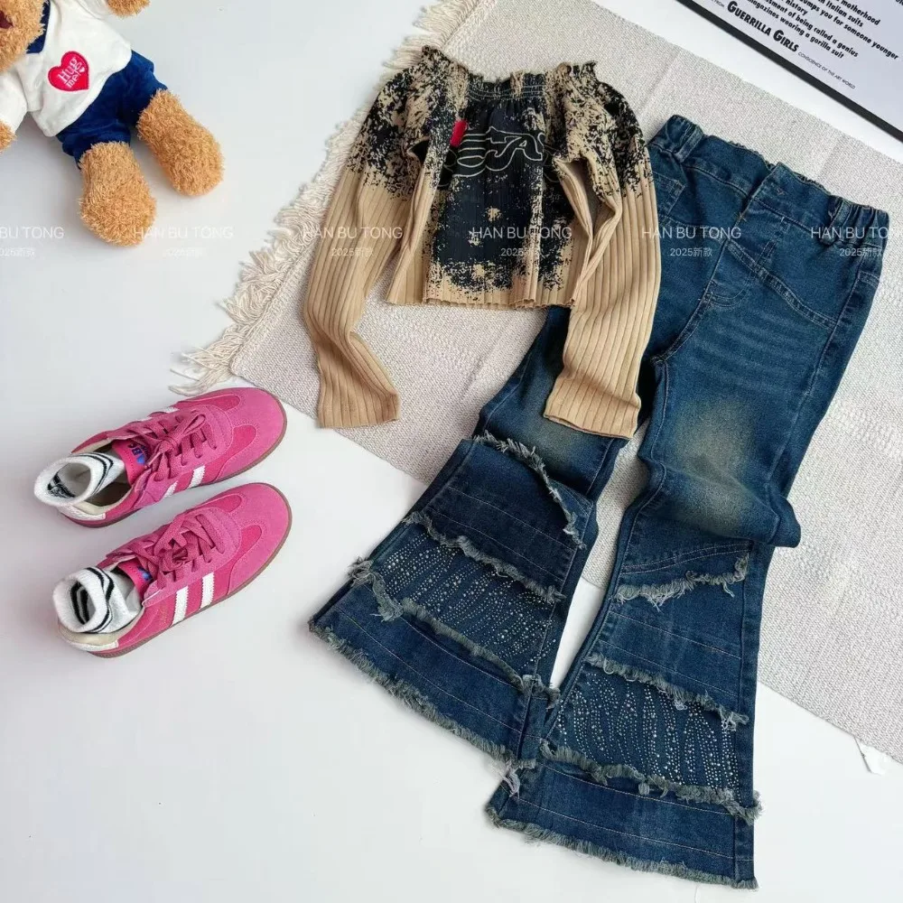 Arrival Girls American Retro Stylish Flared Jeans 2 Piece Set Fall Spring Distressed Raw Hem Floor-Length Horseshoe Pants Outfit