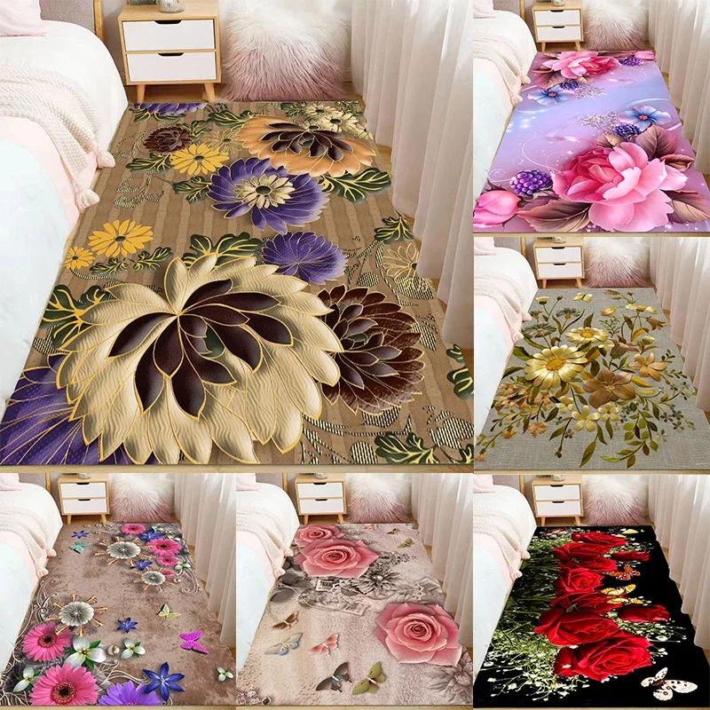 Ins Style Beautiful Flowers Carpet Living Room Sofa Bedroom Study Kitchen Entrance Door Mat Non-slip Light Luxury Home Decor Rug