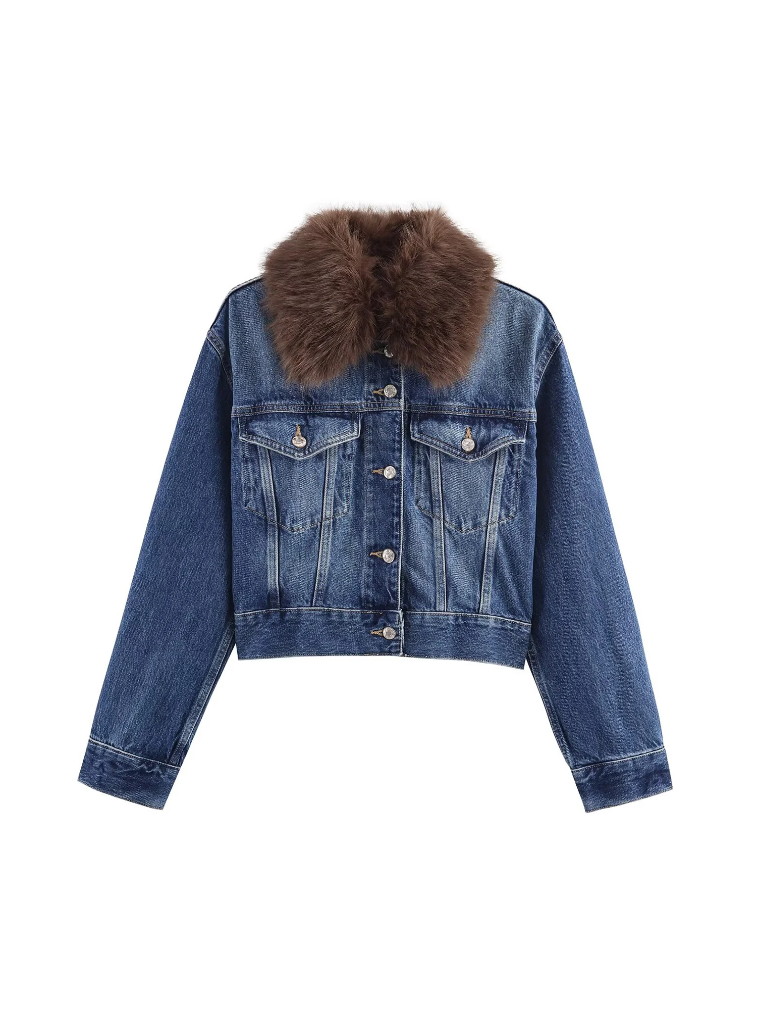 

Women Blue Fur Patchwork Cropped Denim Jacket Vintage Harajuku Long Sleeve Oversize Jean Jacket Outerwear Y2k Denim Coat Autumn
