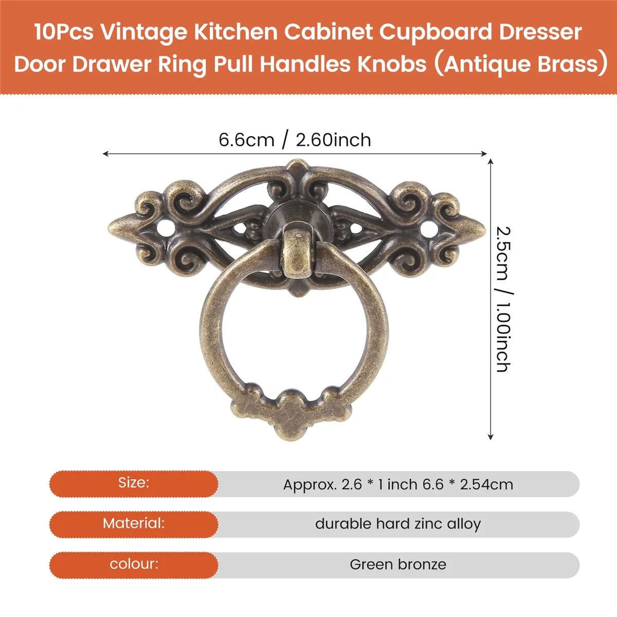 【ABODE】10Pcs Vintage Kitchen Cabinet Cupboard Dresser Door Drawer Ring Pull Handles Knobs (Antique Brass)