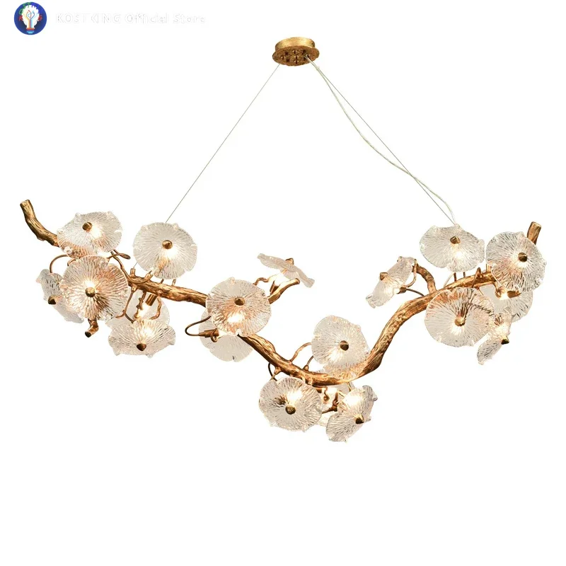 All copper new Chinese chandelier living room lamp villa art lotus leaf bedroom dining room crystal chandelier
