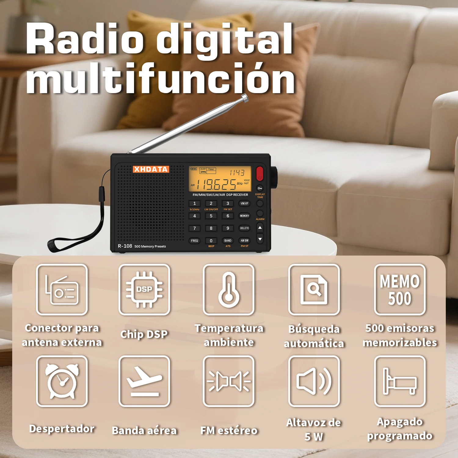 XHDATA R108 Digital Portable Radio AM FM Stereo Shortwave LW Air Band Multiband Receiver with Alarm Clock Display Speaker