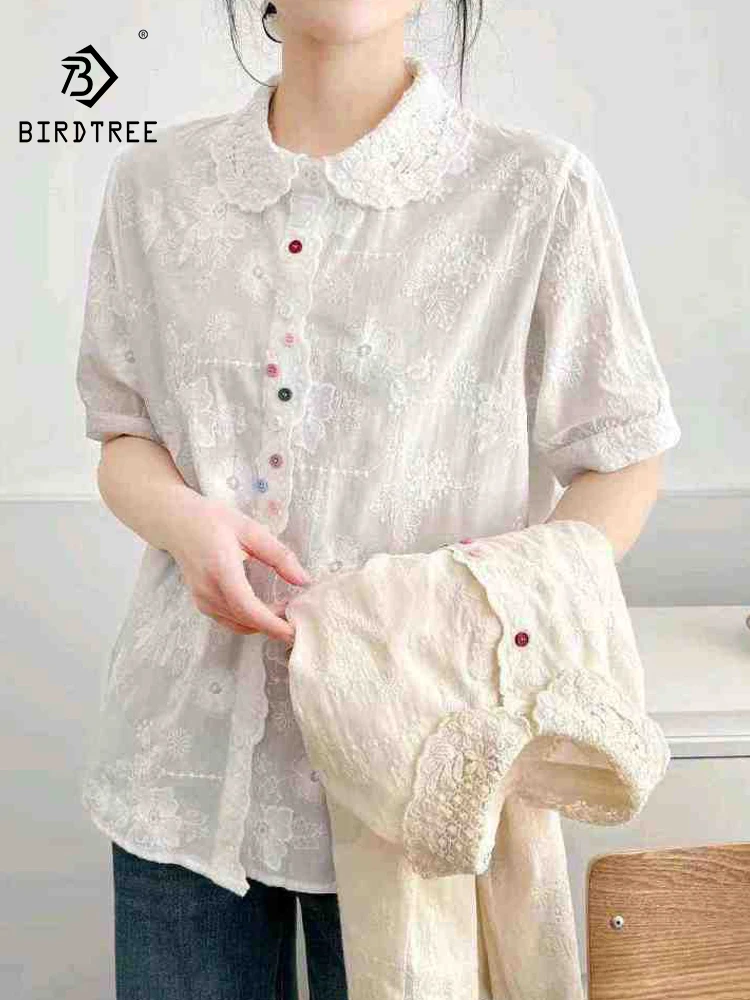 

Новая летняя женская хлопковая рубашка с коротким рукавом 2026 года, с вышивкой и воротником Питер Пэн, тонкая свободная блузка в стиле Mori Girl, омолаживающая образ, T64124CC