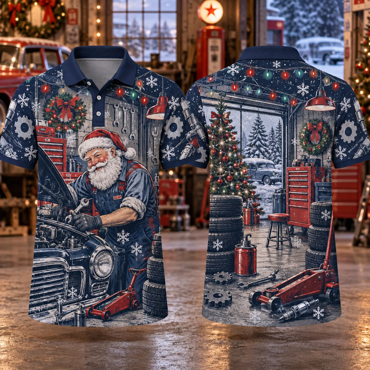 Men's Christmas Polo Shirt Santa Auto Repair Garage 3D All Over Print Short Sleeve Funny Holiday Golf Top