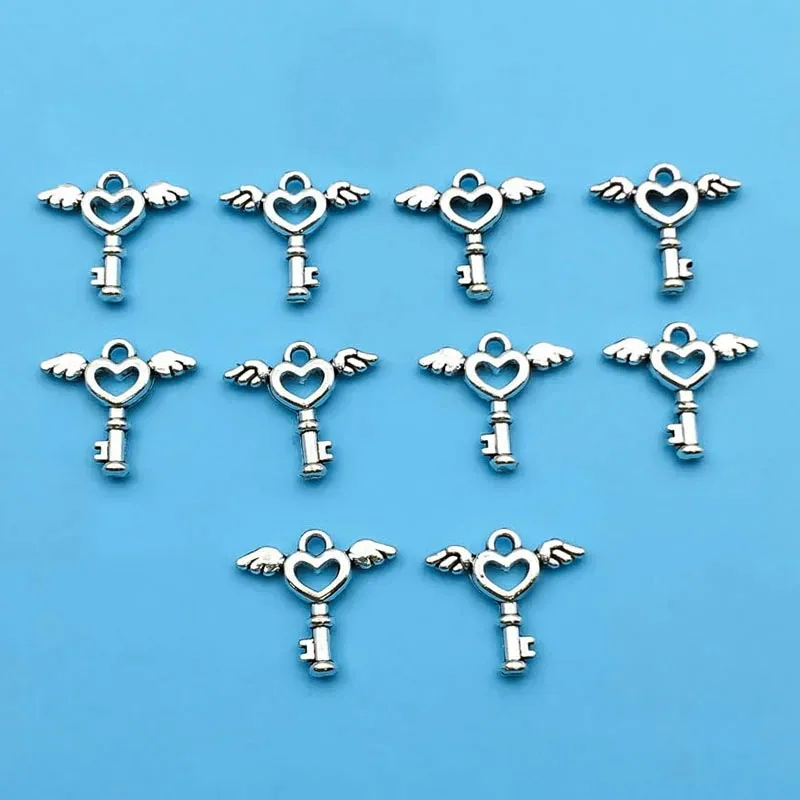 20Pcs Vintage Angel Wings Heart Silvery Charms Metal Pendants For Handmade Earrings Bracelets Keychain Craft