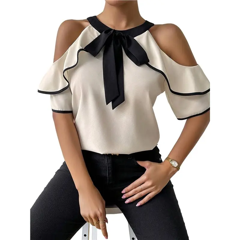 

Женская блузка с двойным слоем, коротким рукавом, завязками на шее, элегантная, повседневная, стильная, для офиса.