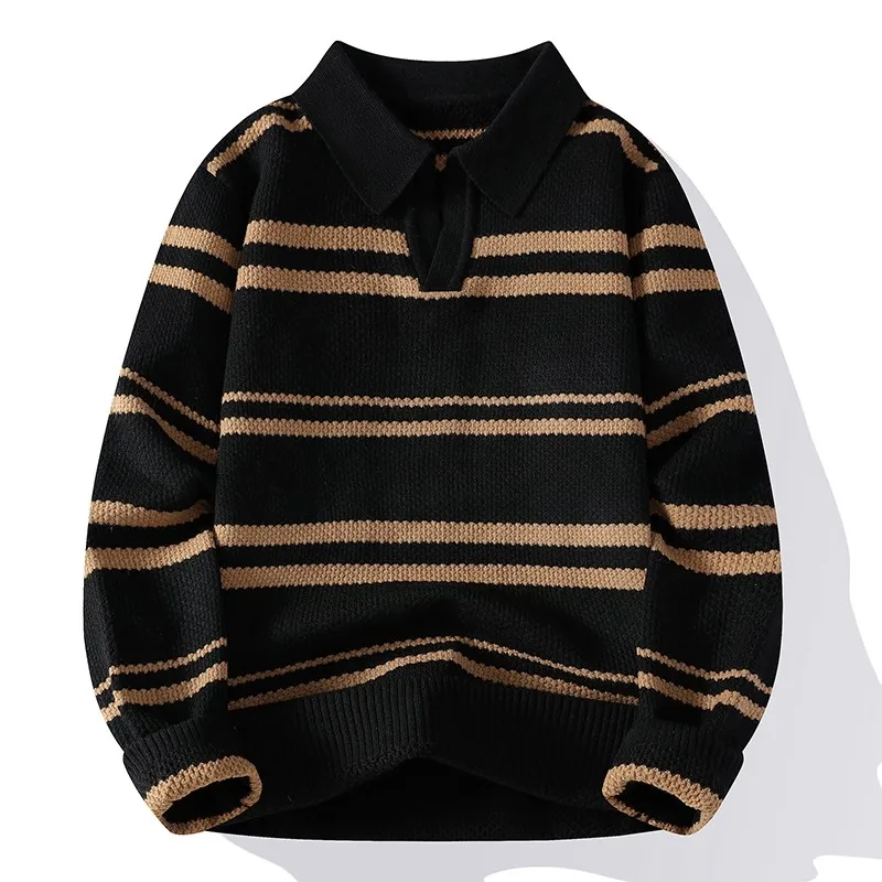 

UAYB мужской вязаный свитер Thiened с v-образным вырезом в полоску, верхняя одежда для осени и зимы, повседневный свободный крой из смеси полиэстера