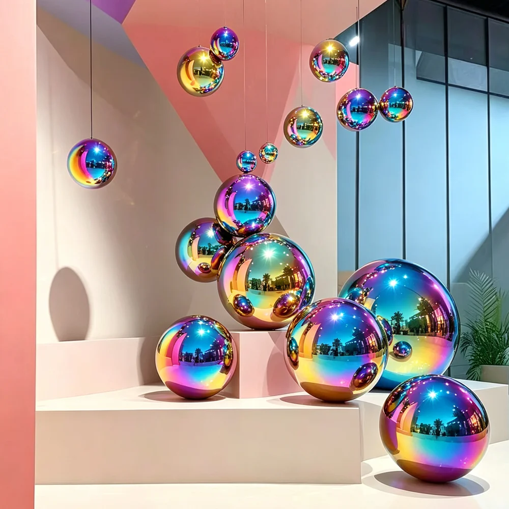 1/2/5Pcs OD 38/50/60-300mm Colorful Electroplated Gloss Ball 304 Stainless Steel Hollow Hanging Ball Christmas Decorative Ball