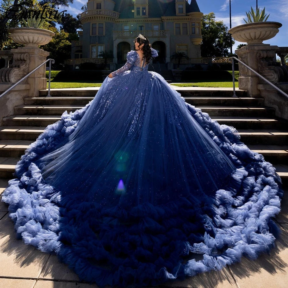 Navy Blue Tiered Tulle Pleat Ball Gown Quinceanera Dresses Long Sleeve Sequined Appliques Lace Corset Vestidos De 15 Años