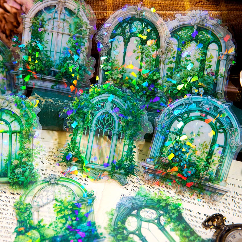 10pcs/lot Retro Holographic Stained Glass Stickers Vintage Journal Scrapbook Ephemera Decorative Stickers