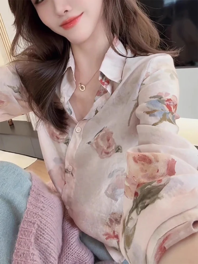 春ロングスリーブ花柄プリントirtレディースエレガントホワイトスリムトップ万能カジュアルルーズフィット襟付きirt