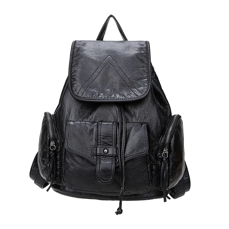 Fashion Women Backpacks Soft Washed PU Leather Travel Bag Female Drawstring Backpack High Capacity School Bags for Women