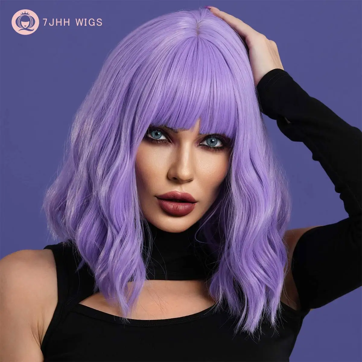 7JHH WIGS Short Wave Bob Wigs with Bang for Women Synthetic Wig Purple Lolita Cosplay Party Natural Hair Heat Resistant Fiber