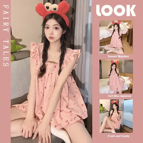 새로운 여성 잠옷 Homewear 여름 민소매 Homewear 정장 얇은 달콤한 일본 느슨한 주름은 잠옷 외부에 착용 가능