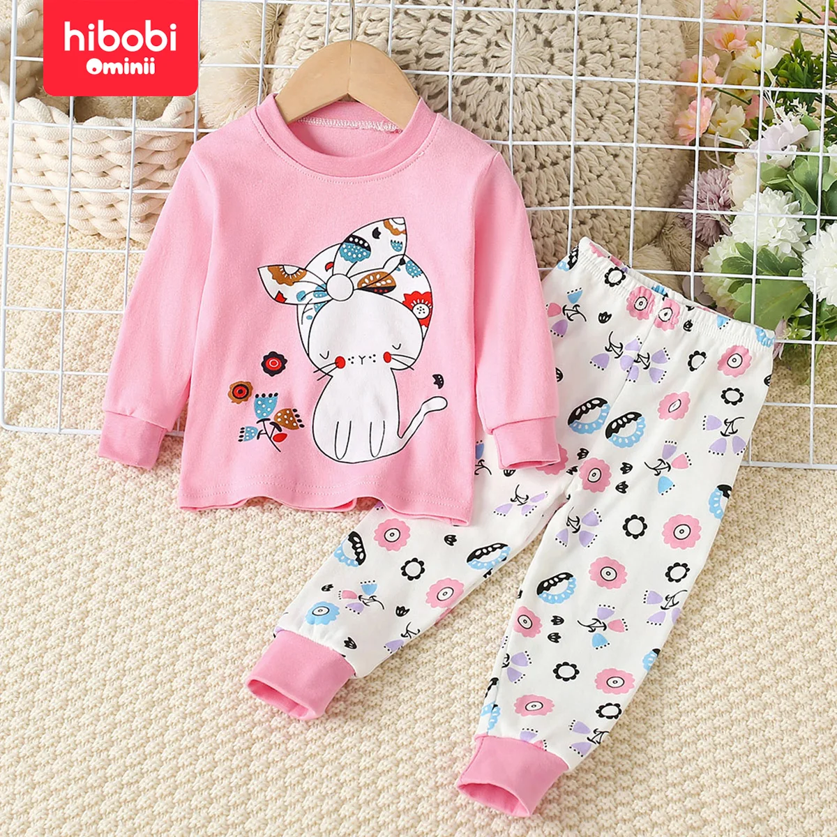 hibobi 2-Piece 100% Cotton Children\'s Autumn And Winter Round Neck Warm Home Clothes Set Cute Cat Pajamas And Pajama Pants Set