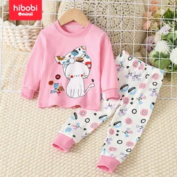 hibobi 2-Piece 100% Cotton Children's Autumn And Winter Round Neck Warm Home Clothes Set Cute Cat Pajamas And Pajama Pants Set